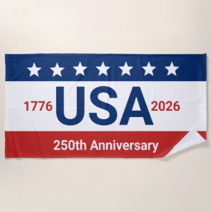 USA 250th Anniversary 1776 2026 Red White and Blue Beach Towel