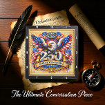 USA 250th Anniversary Golden Eagle Square Wall Clock<br><div class="desc">Commemorate a historic milestone with the USA 250th Anniversary Golden Eagle clock. This high-energy timepiece features a high-definition graphic that captures a grand, festive atmosphere. The design centers on a majestic bald eagle with wings outspread, set against a dazzling backdrop of fireworks and waving American flags. Two golden Liberty Bells...</div>