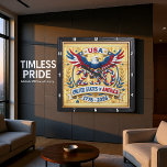 USA 250th Anniversary Heritage Eagle Square Wall Clock<br><div class="desc">Celebrate a quarter-millennium of freedom with the USA 250th Anniversary Heritage Eagle clock. This high-energy timepiece features a high-definition graphic that showcases a distinct, folk-art inspired aesthetic. The design centers on a bold bald eagle with red, white, and blue plumage, perched above a large "250" rendered in a unique braided-rope...</div>