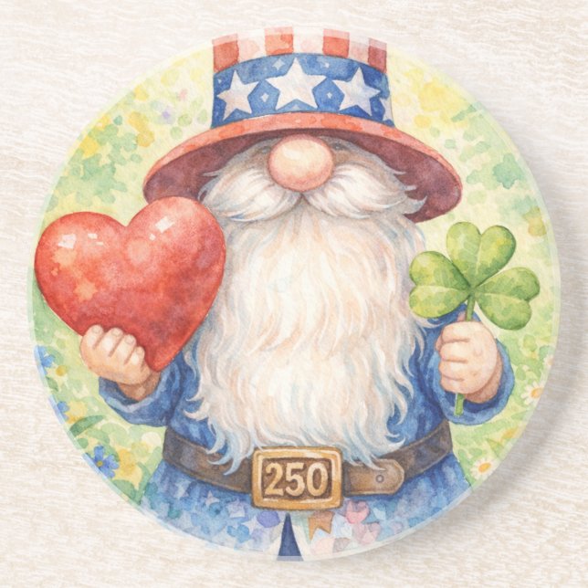 USA 250th Anniversary Patriotic Gnome Heart Shamro Coaster (Front)