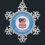 USA African American Angel Hanukkah Flag Personal Snowflake Pewter Christmas Ornament<br><div class="desc">An African American, or Black American, angel dressed in the red, white, and blue flag of the United States of America on this snowflake pewter ornament for holiday decorating or Hanukkah decor. The African American, or Black American, USA Flag Hanukkah angel is inside a white circle of squiggly squares. Background...</div>