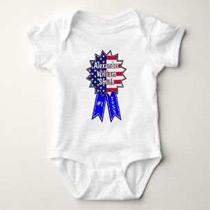 USA America #1 Award Blue Ribbon Custom Name Date Baby Bodysuit