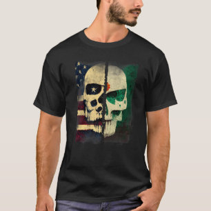 Usa America Flag Mexican Mexico Flag Skull Roots T-Shirt