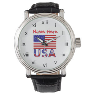 USA America Flag Red Personalized Roman Numeral Watch