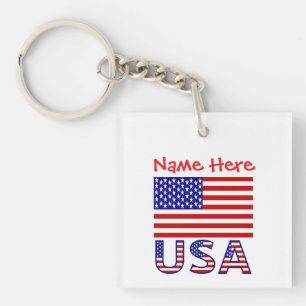 USA America Flag Red Personalized Square Keychain