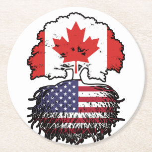 USA American Canadian Canada Tree Roots Flag Round Paper Coaster