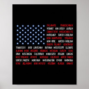 USA American Flag All 50 State Names Poster