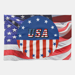 USA - American Flag and Stars in Circle Kitchen Towel