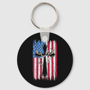Usa American Flag Christian Hunting Fishing Lover Keychain