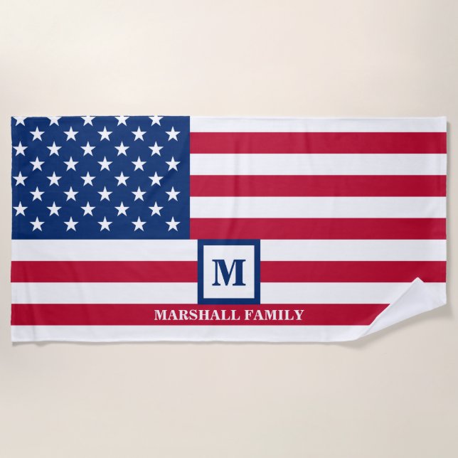 USA American Flag Customized Monogram 4th Of July Beach Towel (Front)