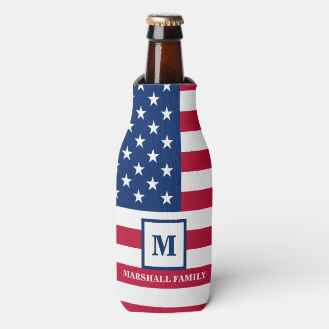 USA American Flag Customized Monogram 4th Of July Bottle Cooler (Bottle Front)