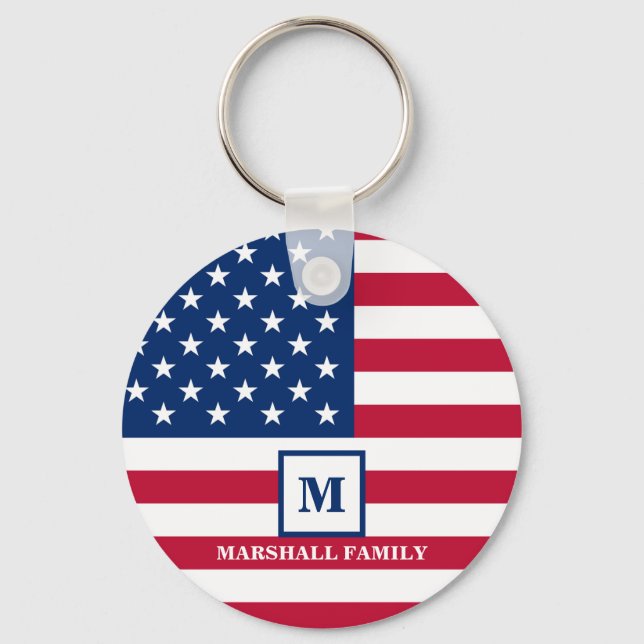 USA American Flag Customized Monogram 4th Of July Keychain (Front)