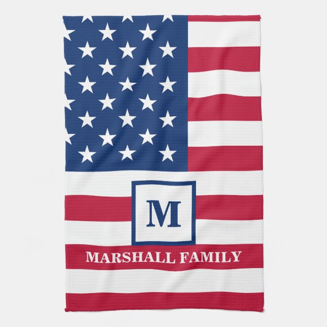 USA American Flag Customized Monogram 4th Of July Kitchen Towel (Vertical)