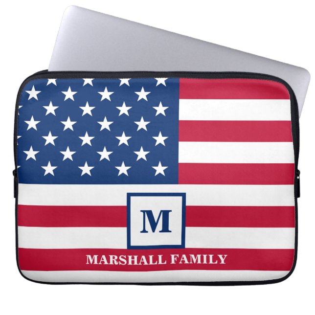 USA American Flag Customized Monogram 4th Of July Laptop Sleeve (Front)