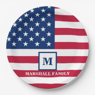 USA American Flag Customized Monogram 4th Of July Paper Plate