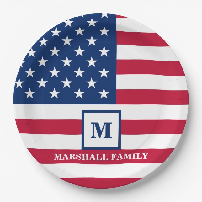 USA American Flag Customized Monogram 4th Of July Paper Plate (Front)