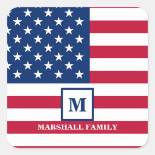 USA American Flag Customized Monogram 4th Of July Square Sticker