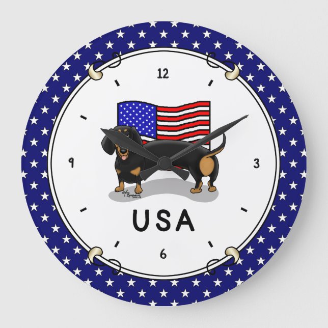 USA American Flag Dachshund - (black & tan) Large Clock (Front)