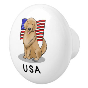 USA American Flag Golden Retriever Dog Ceramic Knob