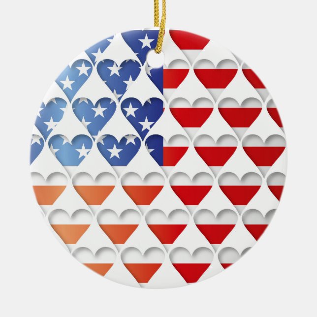 USA American Flag Hearts Ceramic Ornament (Front)
