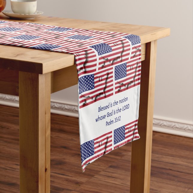 USA AMERICAN Flag Map Customized Scripture Short Table Runner (In Situ)