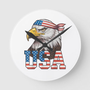 USA American Flag Men Women Kids Bald Eagle Patrio Round Clock
