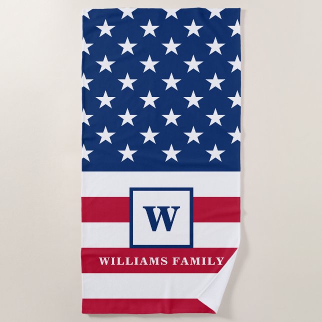 USA American Flag Monogram Family Name 4th Of July Beach Towel (Front)