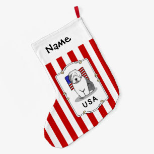 USA American Flag Old English Sheepdog (Grey 1) Large Christmas Stocking
