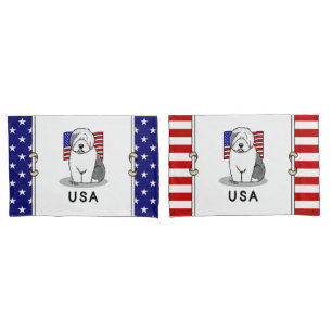 USA American Flag Old English Sheepdog (Grey 1) Pillowcase