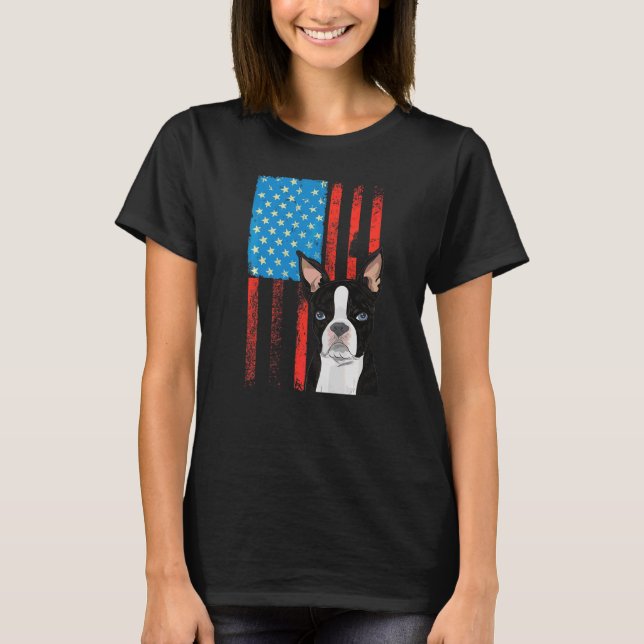 Usa American Flag  Patriotic Dog Boston Terrier T-Shirt (Front)
