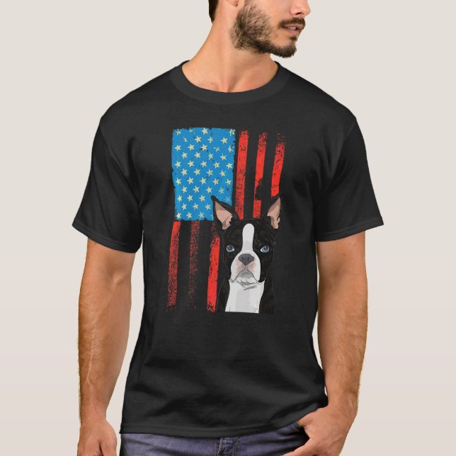 Usa American Flag  Patriotic Dog Boston Terrier T-Shirt (Front)