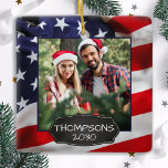 USA American Flag Patriotic Personalized 2 Photo Ceramic Ornament<br><div class="desc">USA American Flag Christmas Ornament. This patriotic stars and stripes usa flag christmas ornament will be a treasured keepsake. Ornament is double sided, you can do 2 favourite photos, one on each side. Perfect for military, soldier Christmas ornament, military veteran, patriotic family.. Personalize name on the front, and date on...</div>