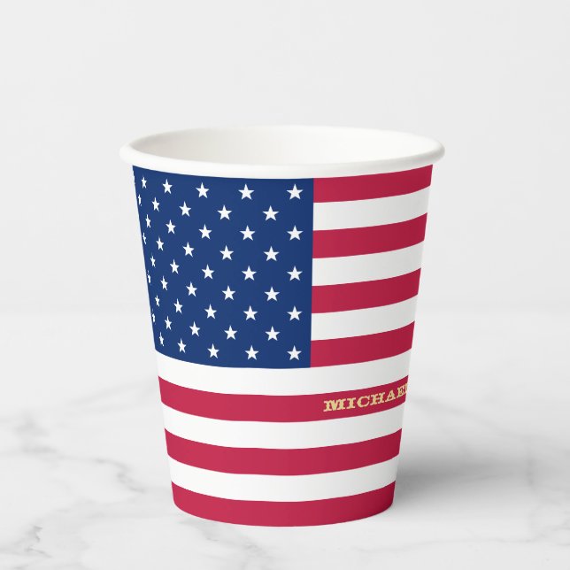USA American Flag Patriotic Personalized Monogram Paper Cups (Front)