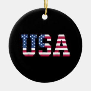 USA American Flag Patriotic Red White Blue Stars & Ceramic Ornament