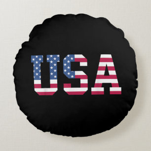 USA American Flag Patriotic Red White Blue Stars & Round Pillow