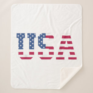 USA American Flag Patriotic Red White Blue Stars & Sherpa Blanket