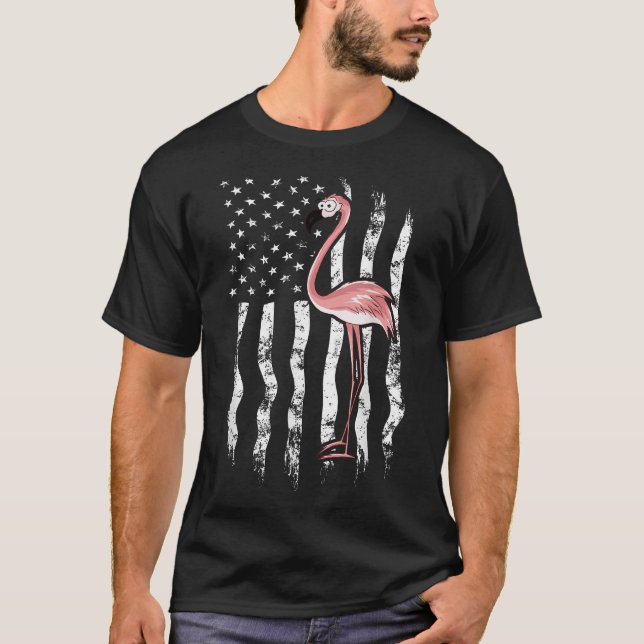 Usa American Flag Pink Cartoon Flamingo T-Shirt (Front)
