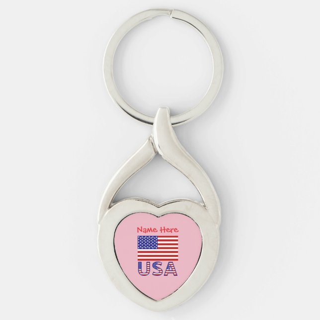 USA American Flag Red Personalized Heart Keychain (Front)