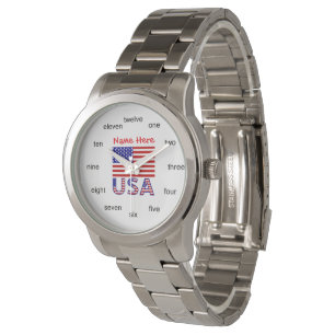 USA American Flag Red Personalized Word Numbers Watch