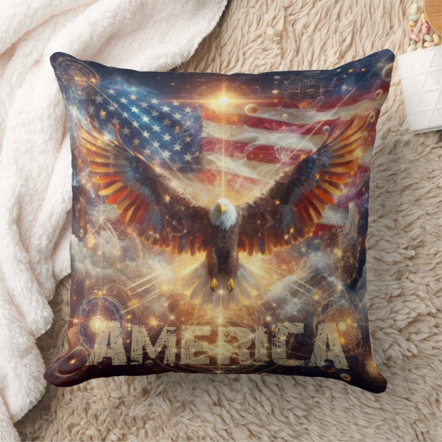 USA American Flag - Stars and Stripes - Bald Eagle Throw Pillow (Blanket)