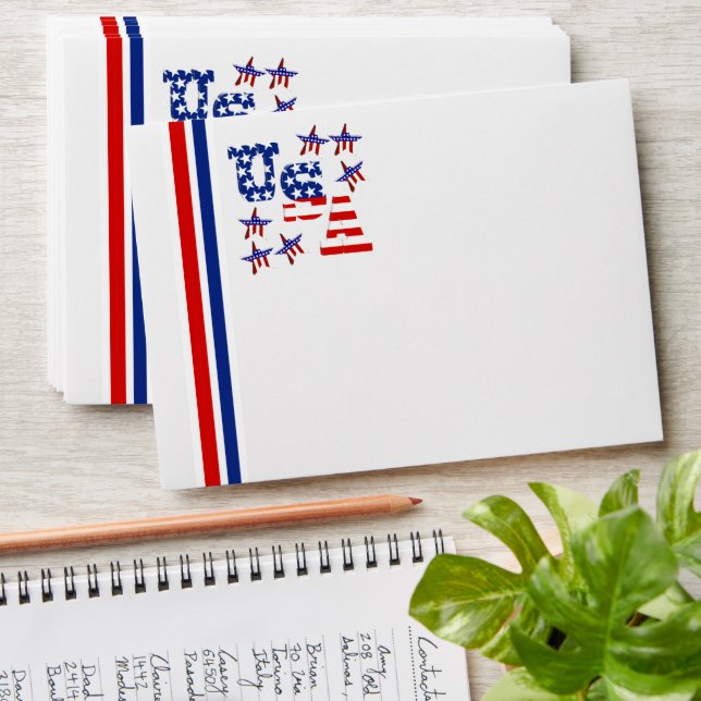 USA American Flag Text w/Red White & Blue Border Envelope (Stacked)