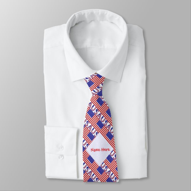 USA American Flag Tiled Red Personalized  Tie (Tied)