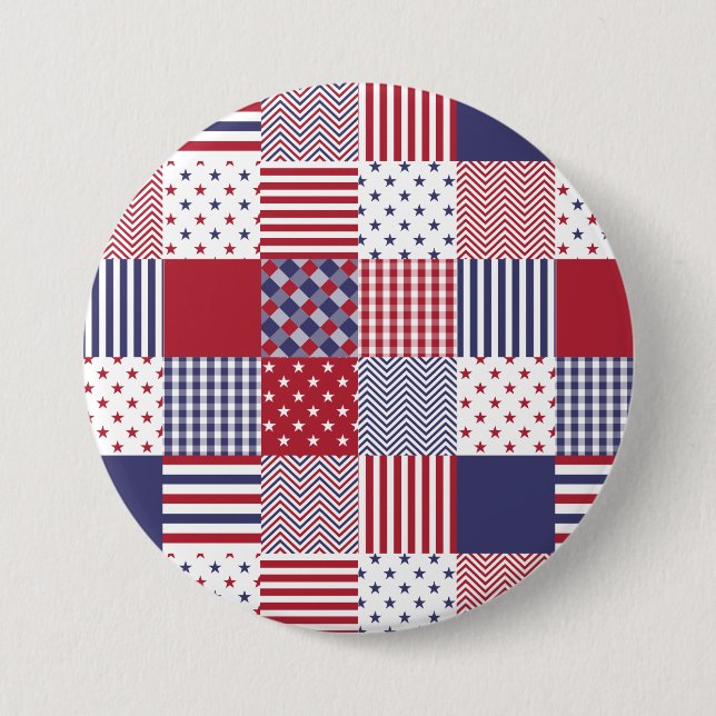 USA Americana Patchwork Red White & Blue 3 Inch Round Button (Front)