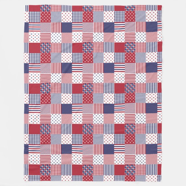 USA Americana Patchwork Red White & Blue Fleece Blanket (Front)