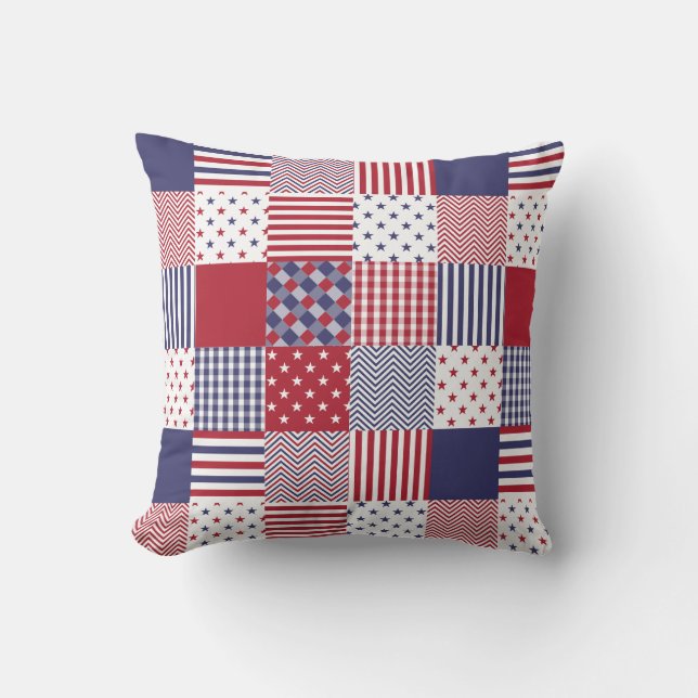 USA Americana Patchwork Red White & Blue Quilt Throw Pillow (Front)