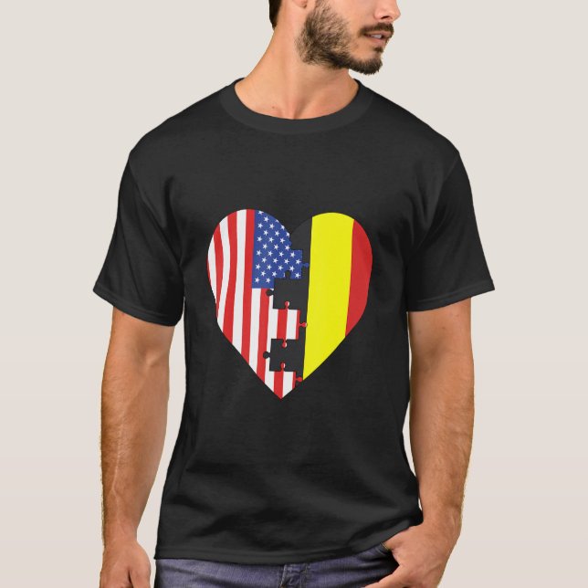 USA and Belgium Flags Heart T-Shirt (Front)