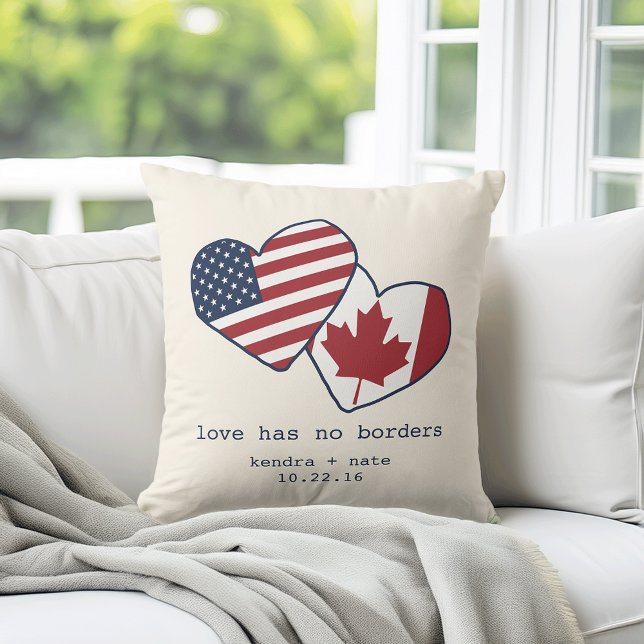 USA and Canada Heart Flags Wedding Throw Pillow (Creator Uploaded)