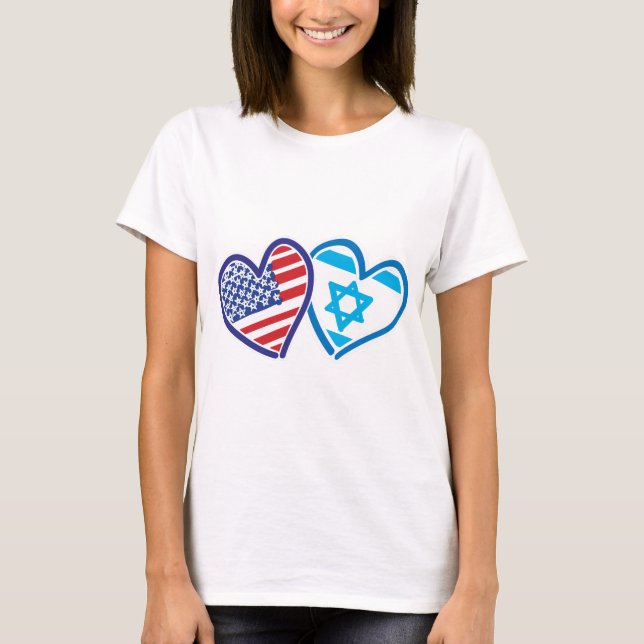 USA and ISRAEL Flag Hearts T-Shirt (Front)