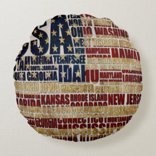 USA and their federal states in stars and stripes Round Pillow