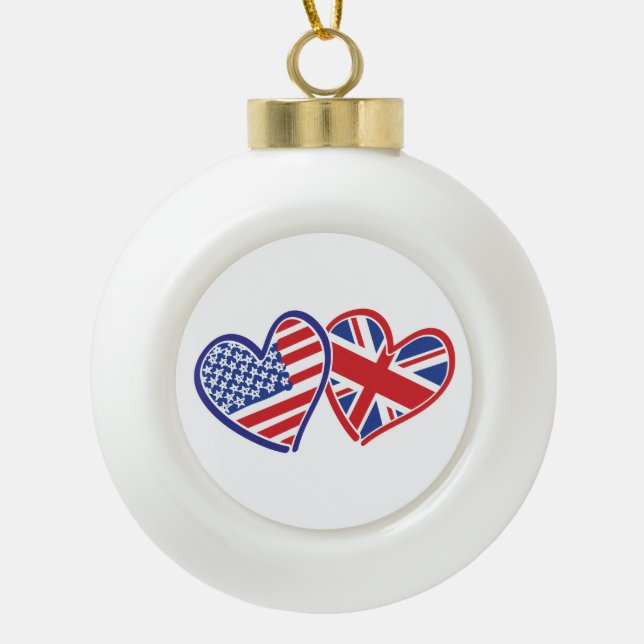 USA and UK Flag Hearts Ceramic Ball Christmas Ornament (Front)